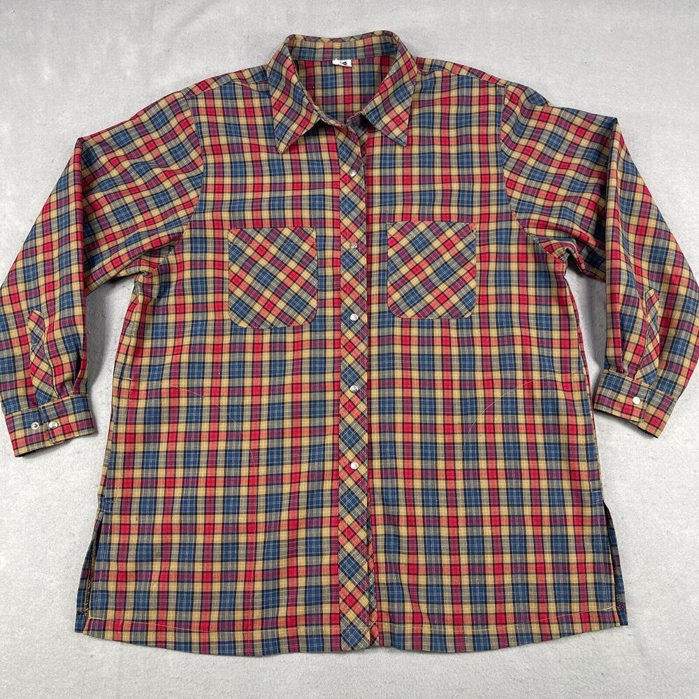 Pegasus Vintage Womens Button Up Plaid Shirt Jacket 4 Pockets Oversize Shoulder